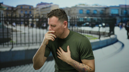 Fototapeta premium Young man sneezing outdoors in urban area wearing green shirt with tattoos visible against blurry city background during day.