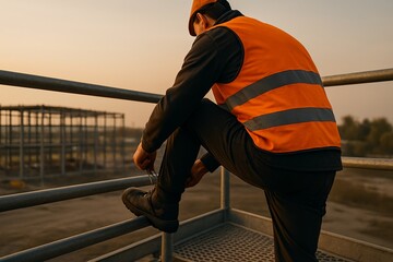 Construction worker crouched on metal platform, facing away, tying boots with a backdrop of distant warehouses and metal towers, warm morning light.	
