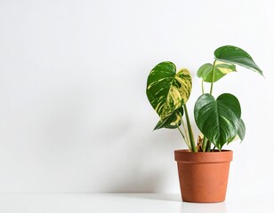Fototapeta premium A small golden pothos plant in a clay pot, showing heart-shaped green leaves streaked with yellow