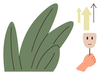 Fototapeta premium Hand holding a mask beside upward arrows representing personal growth, positivity, and potential. Green leaves signify nature, renewal, and wellness. Ideal for self-improvement, mindset, motivation