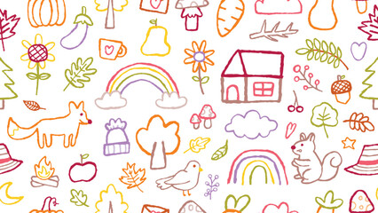 Hand drawn autumn doodle seamless pattern vector. Perfect for kids designs, fall backgrounds, fabric, wrapping paper, and creative seasonal projects.