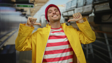Man proudly points to himself wearing a yellow raincoat and red beanie in a vibrant seaside port...