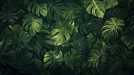 top-down view of dense tropical monstera leaves, dark green foliage, soft natural lighting, moody shadows