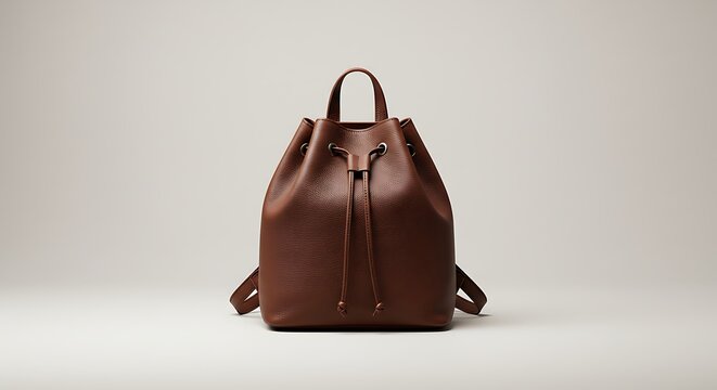 Elegant Brown Leather Backpack with Drawstring Closure on a Neutral Background