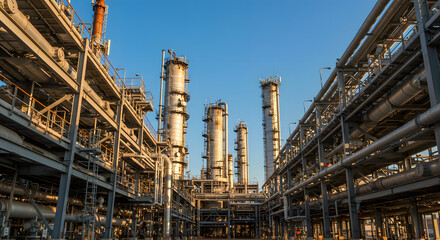 Fototapeta premium Complex industrial landscape featuring distillation towers amidst steel framework and piping, set against a serene
