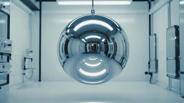 Floating Sphere Reflection A Futuristic Laboratory Scene with a Polished Orb and Metallic Ambiance