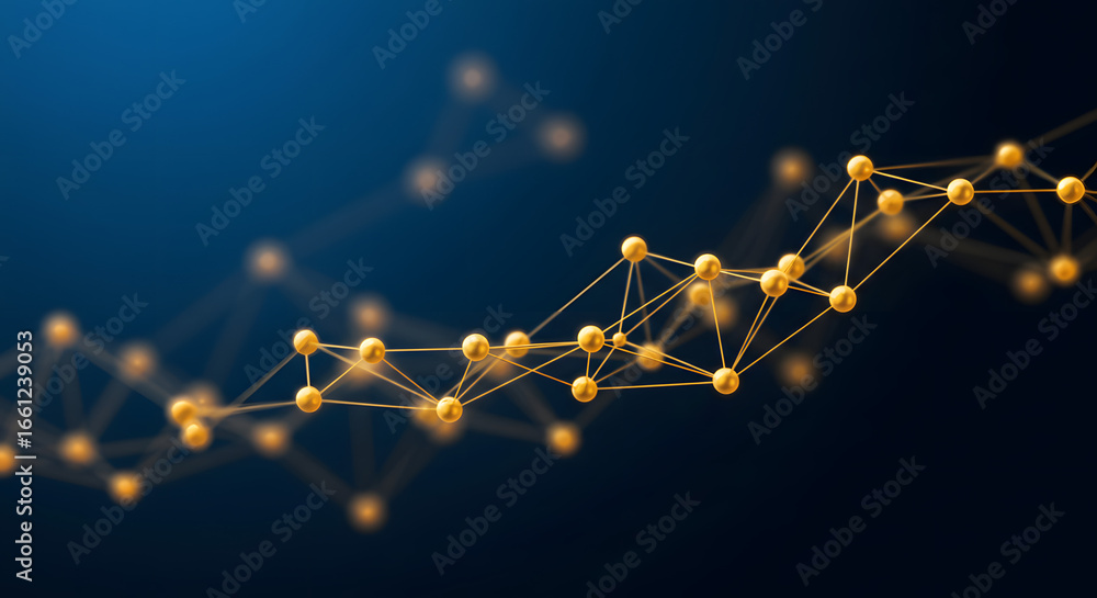 Poster golden interconnected network nodes conveying futuristic technology solutions and data analytics in 