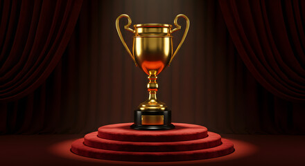 Golden championship trophy on a plush pedestal against deep red theatrical curtains symbolizing grand achievements and