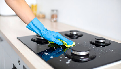 Naklejka premium Hand In Blue Gloves Cleaning A Gas Stove With Green Sponge On A Bright Kitchen Counter