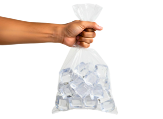 Hand holding a clear plastic bag filled with ice cubes isolated on transparent background