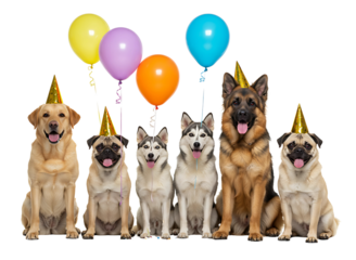 A group of happy dogs wearing party hats celebrate a birthday with colorful balloons transparent background