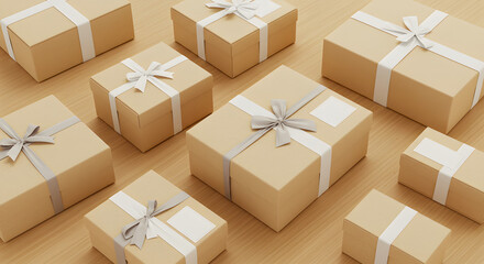 Fototapeta premium A group of meticulously wrapped gift boxes in neutral tones, arranged in an organized manner, convey a sense of