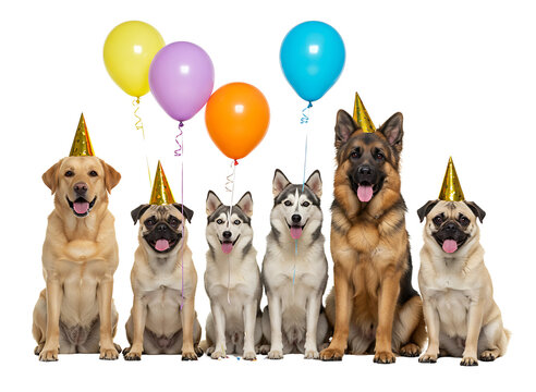 A group of happy dogs wearing party hats celebrate a birthday with colorful balloons transparent background