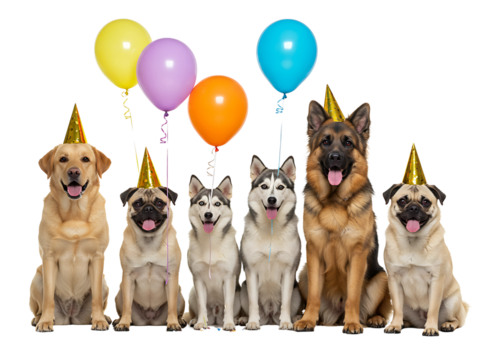 A group of happy dogs wearing party hats celebrate a birthday with colorful balloons transparent background - Powered by Adobe