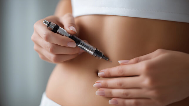 Close up hand of a woman injecting insulin in stomach skin at home

