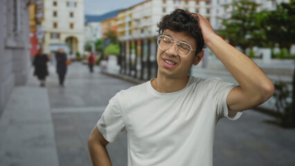 Young hispanic man places hand on chin on a busy city street amid blurred pedestrians and...