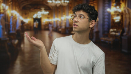 Man holds out hand with raised palm and looks up at marble statue in ornate gallery building hall;...