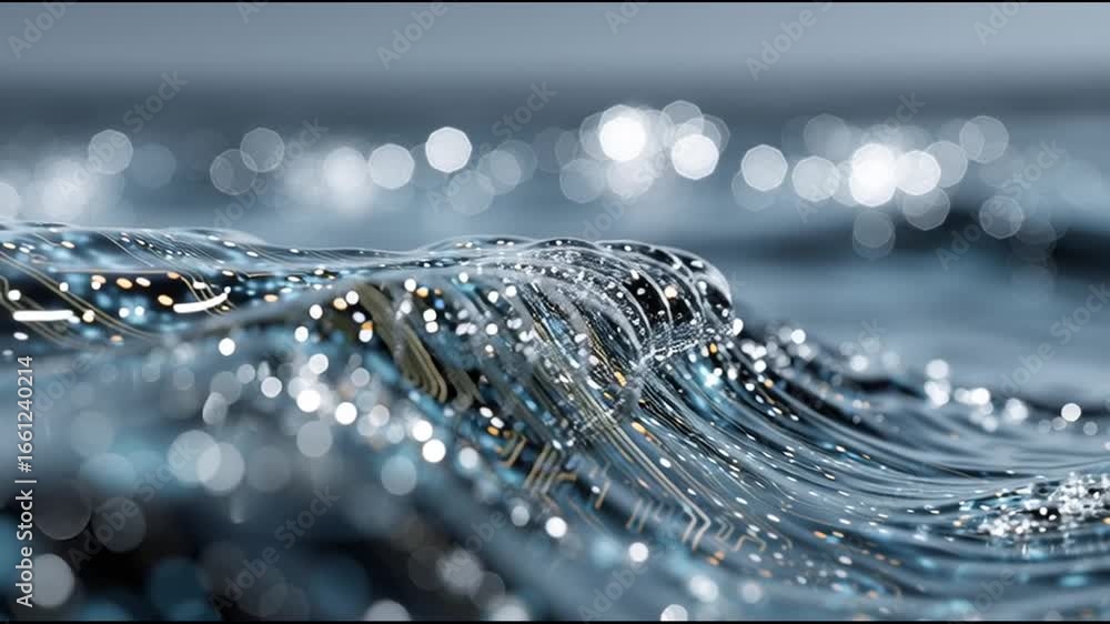 Poster abstract futuristic background with circuit board and water waves, macro shot of light reflection on