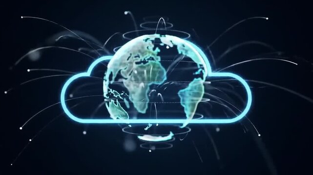 cloud computing concept with rotating digital globe and network lines - Powered by Adobe