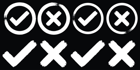 Obraz premium Vector set of check marks and cross marks in hand drawn brush style. Check tick mark icon set. Cross box x check mark checkbox v list vector draw hand drawn sketch doodle brush. eps 10