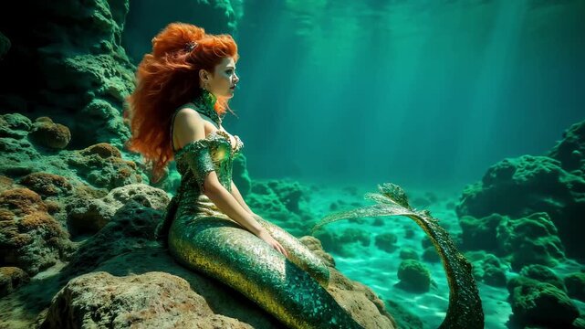 Beautiful red-haired mermaid sitting on a rock. Beautiful mermaid with a tail lives under clear water