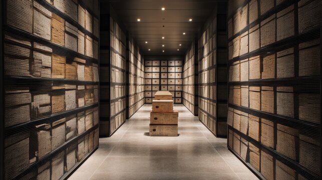 Long dark corridor with grid shelves packed with aged records. Brown boxes stacked on floor in vast storage archive.