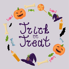Trick or Treat wreath with pumpkins, candies, bones, bats, candles and witch hats arranged. For invitations, cards, posters, party decor, banners.