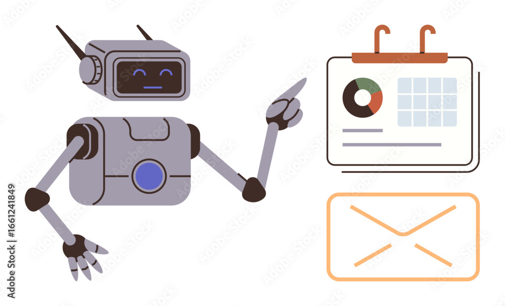 Poster robot with a friendly expression points at a calendar with charts and dates alongside an envelope. i