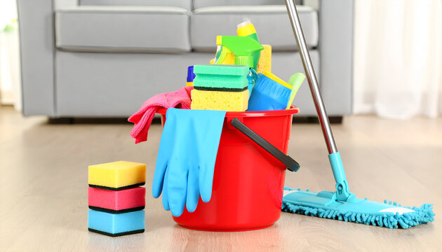 Colorful Cleaning Supplies In A Red Bucket On A Bright Living Room Floor - Powered by Adobe