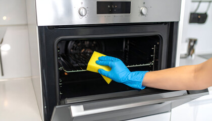 Person Cleaning Oven Interior With Yellow Sponge And Blue Gloves In Modern Kitchen
