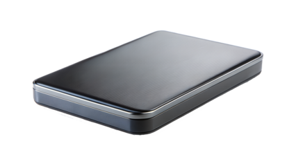 Sleek external hard drive for portable data storage isolated on transparent background, perfect for computer and file backup