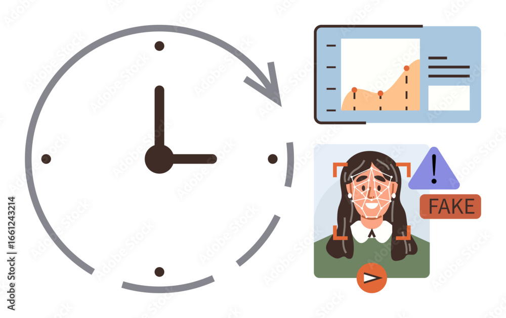 Poster clock with an arrow indicating time, a data chart showing analytics, and a digital face scan identif