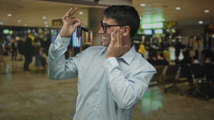 Man smiling broadly and raising a key fob in a crowded airport terminal near departure gates;...