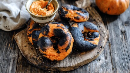 Serving Pumpkin Bagels with Dip on Rustic Wooden Board