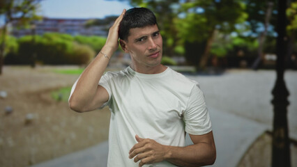 Man inspects his hands and touches head under green tree canopy in forest while squinting with...