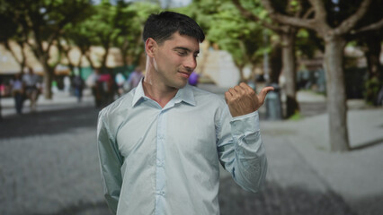 Man pointing thumb over shoulder on sunlit city street lined with trees with closed eyes and slight smile; casual confidence.