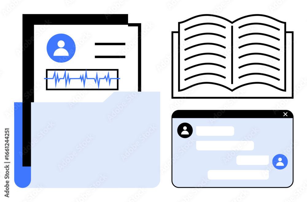 Poster folder with user profile and heartbeat graph, open book, and chat window with message exchanges. ide