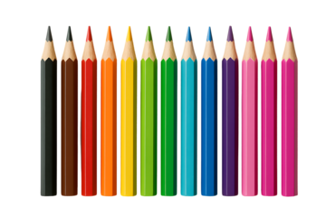 a dozen wooden coloring pencils with sharpened tips, presented in a neat line, showing a classic and versatile range of vivid colors, isolated on a transparent background