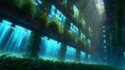 Obraz premium Futuristic Vertical Farming in a Modern Indoor Greenhouse with Advanced LED Lighting