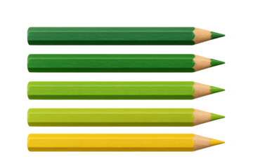 a row of five green and yellow colored pencils showing a vibrant gradient of shades, used for artistic creation, isolated on a transparent background