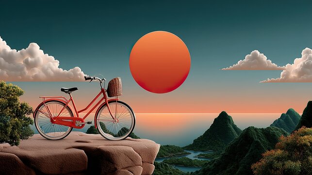 Vintage bicycle on cliff overlooking ocean landscape