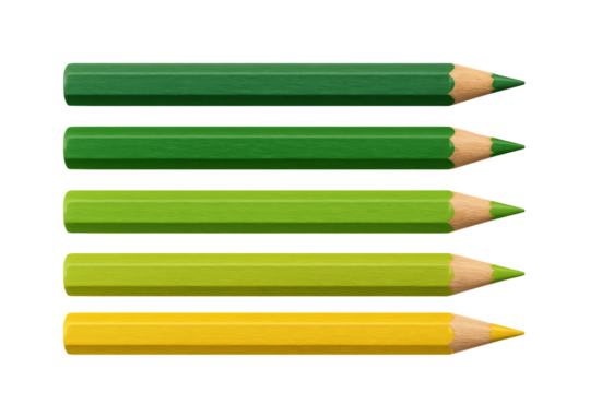 a row of five green and yellow colored pencils showing a vibrant gradient of shades, used for artistic creation, isolated on a transparent background