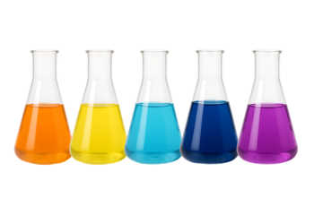 a row of five clear glass erlenmeyer flasks filled with colorful liquids in a scientific laboratory setting, isolated on a transparent background