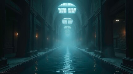 Fototapeta premium A long dark indoor hallway filled with water illuminated by a soft blue glow from overhead windows