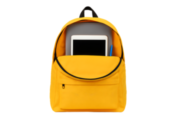 a bright yellow backpack with a laptop and a tablet inside is a perfect bag for students and travel isolated on a transparent background