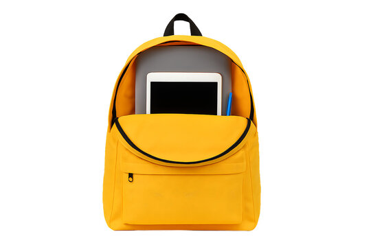 a bright yellow backpack with a laptop and a tablet inside is a perfect bag for students and travel isolated on a transparent background