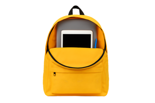 a bright yellow backpack with a laptop and a tablet inside is a perfect bag for students and travel isolated on a transparent background