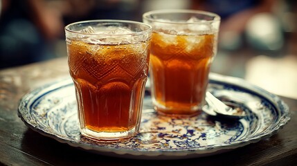Refreshing iced tea served in ornate glasses on a decorative tray