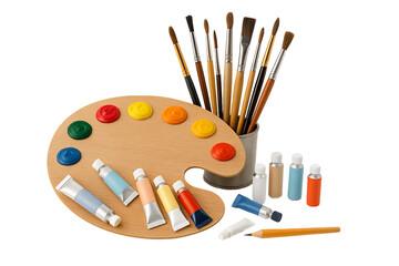 an assortment of paint brushes and a wooden palette with various paint colors are ready for an art class isolated on a transparent background