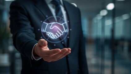 Business professional holds a glowing handshake icon
